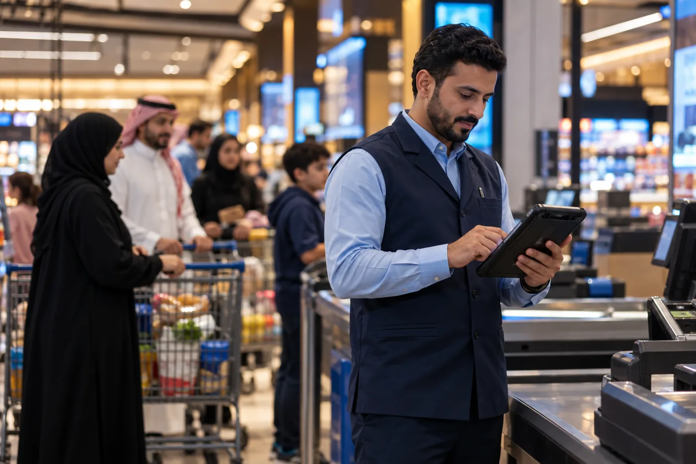 Store manager checking a handheld terminal at a busy checkout