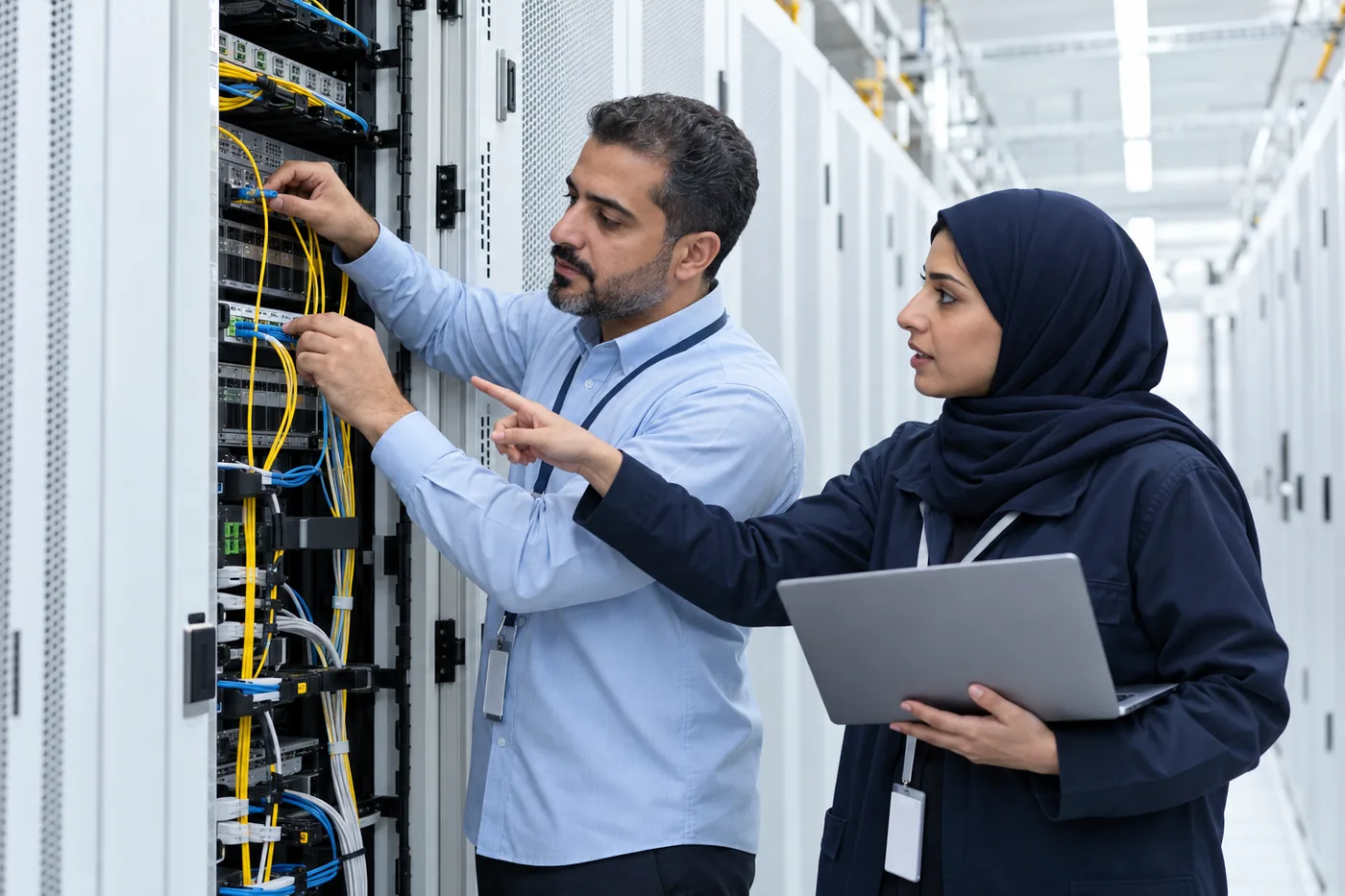 TECHNIFY engineers connecting fibre in a client data center