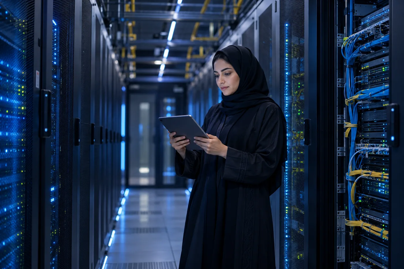 An engineer reviewing a tablet in a data center aisle